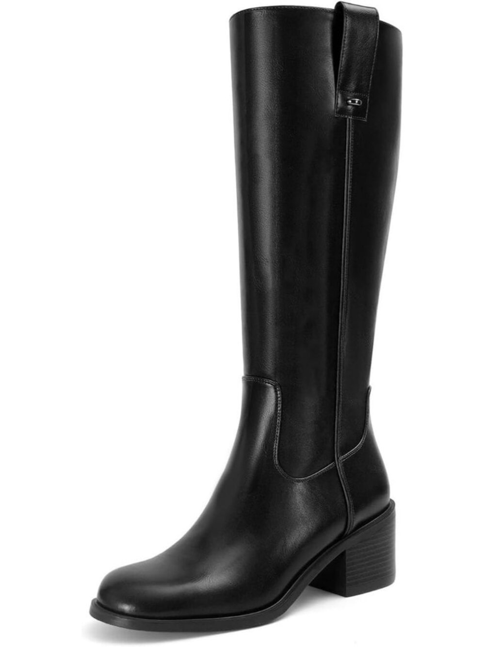 Women's Black Comfortable Round Toe Low Block Chunky Heel Side Zipper Tall Boots